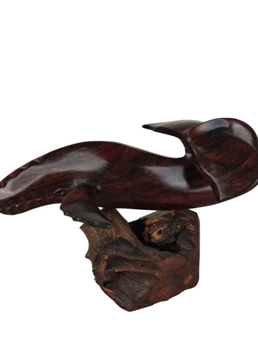 Hand-Carved Wooden Whale Sculpture On Driftwood Base 1970s Rich Brown 10"